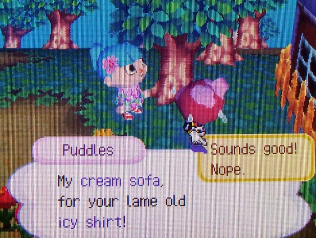 Puddles trading a cream sofa for an icy shirt