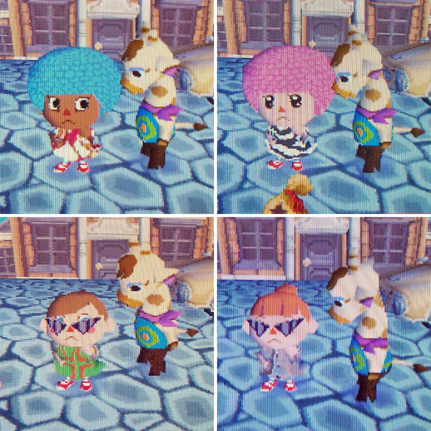 Twisk with a cool shirt, Bell with a zebra shirt, Harmony with a crossing shirt, and Melody with a tin shirt.