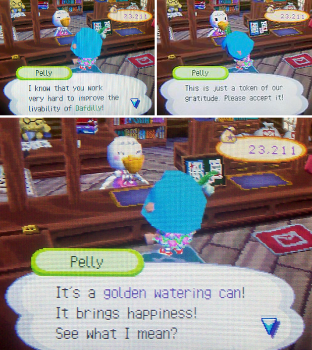 Pelly: I know that you work very hard to improve the livability of Dafdilly! This is just a token of our gratitude. Please accept it! It's a golden watering can!