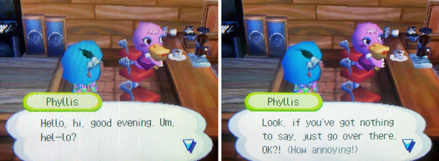 Phyllis: Hello, hi, good evening. Um, hel-lo? Look, if you've got nothing to say, just go over there, OK?!