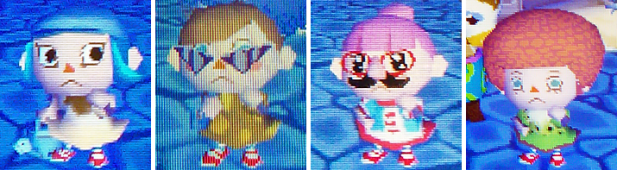 Twisk with a flan shirt, Bell with a fairytale shirt, Harmony with a caveman tunic, and Melody with a kiwi shirt Twisk with a flan shirt, Bell with a fairytale shirt, Harmony with a caveman tunic, and Melody with a kiwi shirt