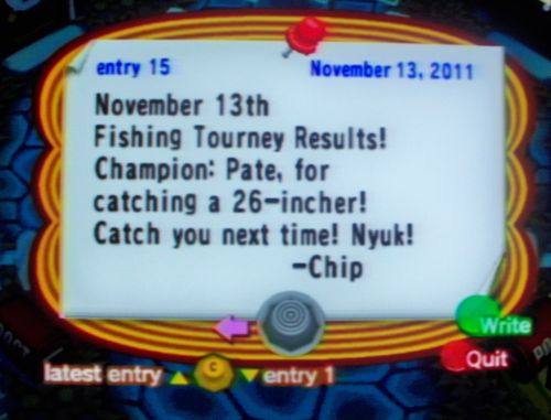 November 13th Fishing Tourney Results! Champion: Pate, for catching a 26-incher! Catch you next time! Nyuk! -Chip