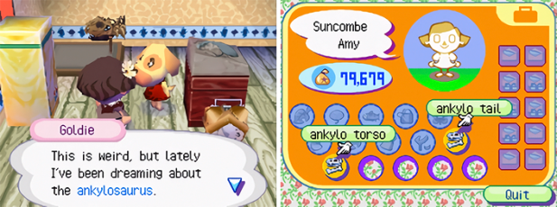 Giving Goldie two anklyo fossils for her fossil hobby